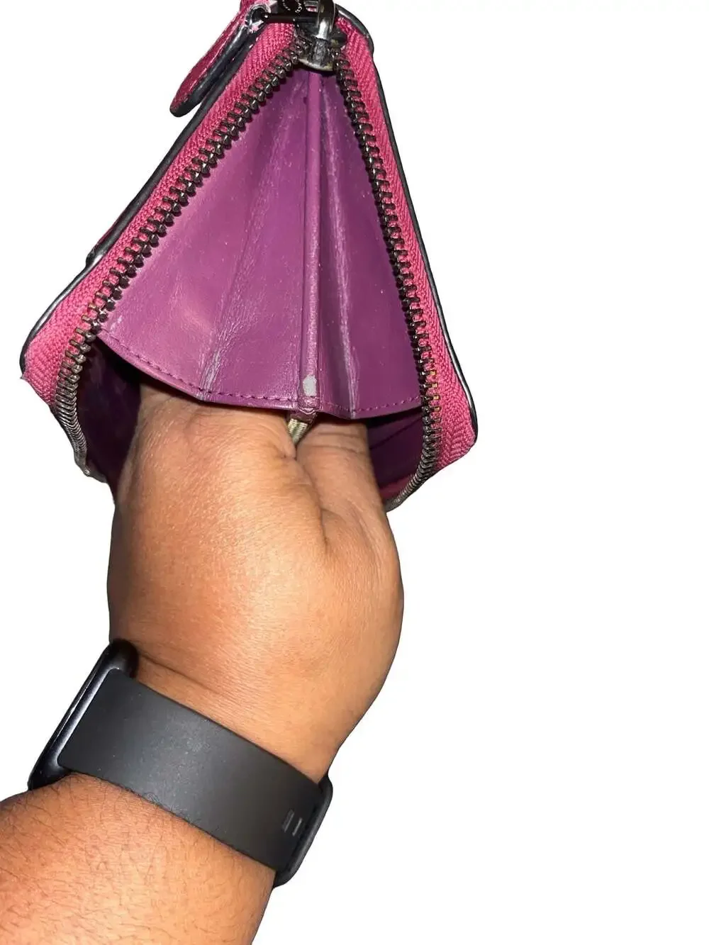 Coach Accordion Zip Wallet in Metallic Magenta Pink Crossgrain Leather